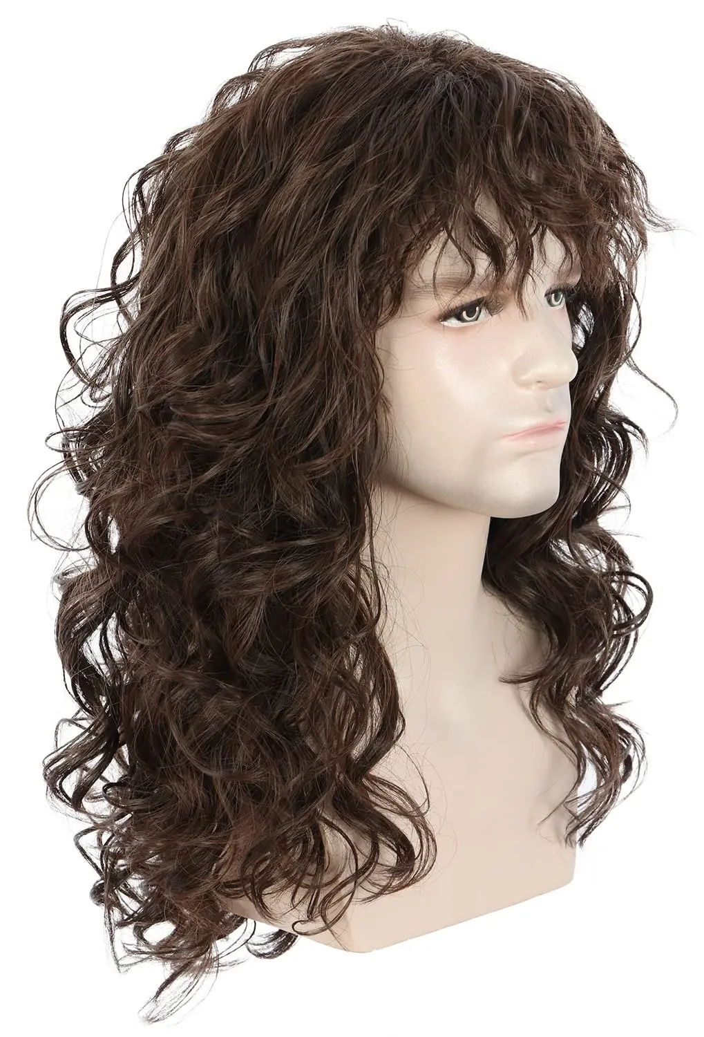 Men Long Brown Wave Wigs with Bandana 80s Heavy Metal Punk Rocker Costume Wig for Halloween Cosplay Party