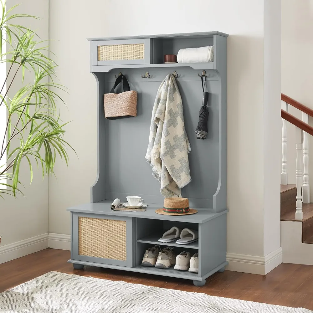 

Hall Tree Entryway Bench - Shoe Storage & Coat Rack w/ Rattan Doors"
