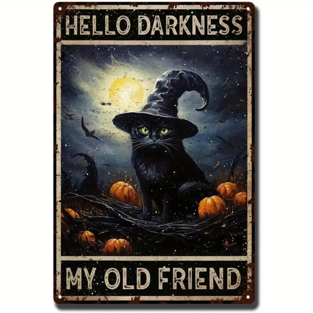 

«Винтажные металлические знаки на Хэллоуин» с ведьмой и черной кошкой — настенный декор в стиле ретро «Hello Darkness» для дома и баров