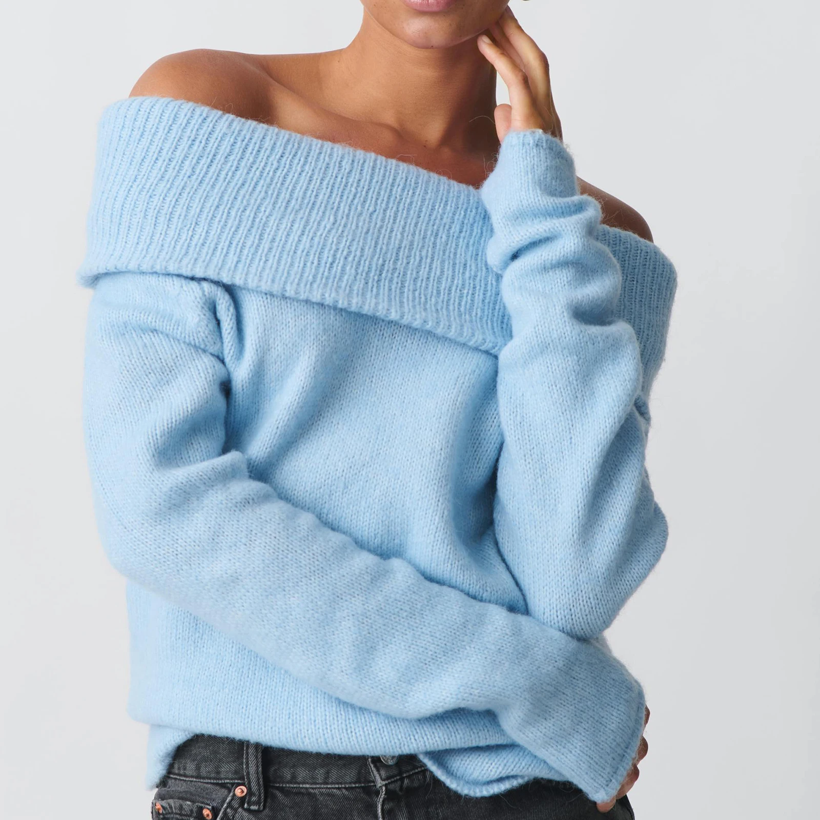 New Womens Off Shoulder Crop Sweater Solid Color Boat Neck Long Sleeve Loose Knitwear Pullover Streetwear Hot Sale S M L