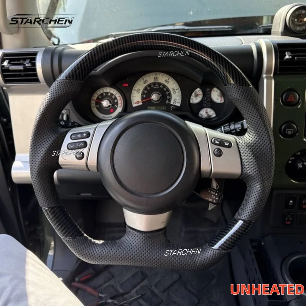 Hydro Dip Carbon Fiber Steering Wheel For Toyota Fj Cruiser 2004-2017, Perforated Leather Anti-Slip Grip Steering Wheel With Finger Grooves (Non-heated)