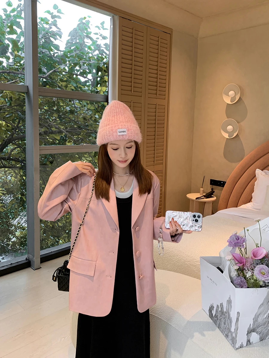 

Pink Leather Jaet Women's New Sle Autumn Gentle Suit High-End Sensation Commute Sle Long Sve Pure Color Coat