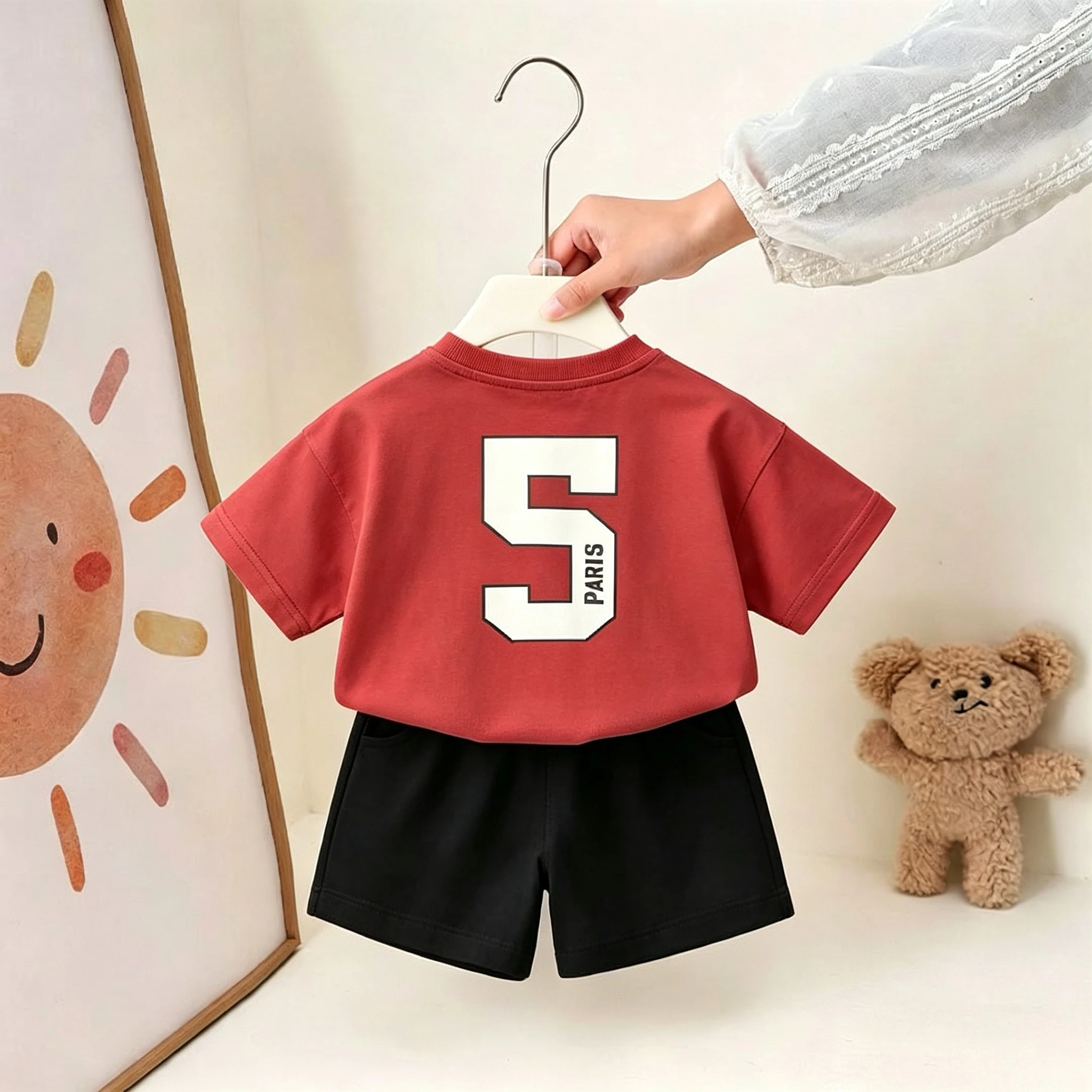 Boutique Kinderkleidung Set Sommer-Outfit Bedrucktes T-Shirt Shorts Lässiges Zweiteiler-Set Kinder-Kostüm Trainingsanzüge Mädchen Jungen Sets – Detail 9