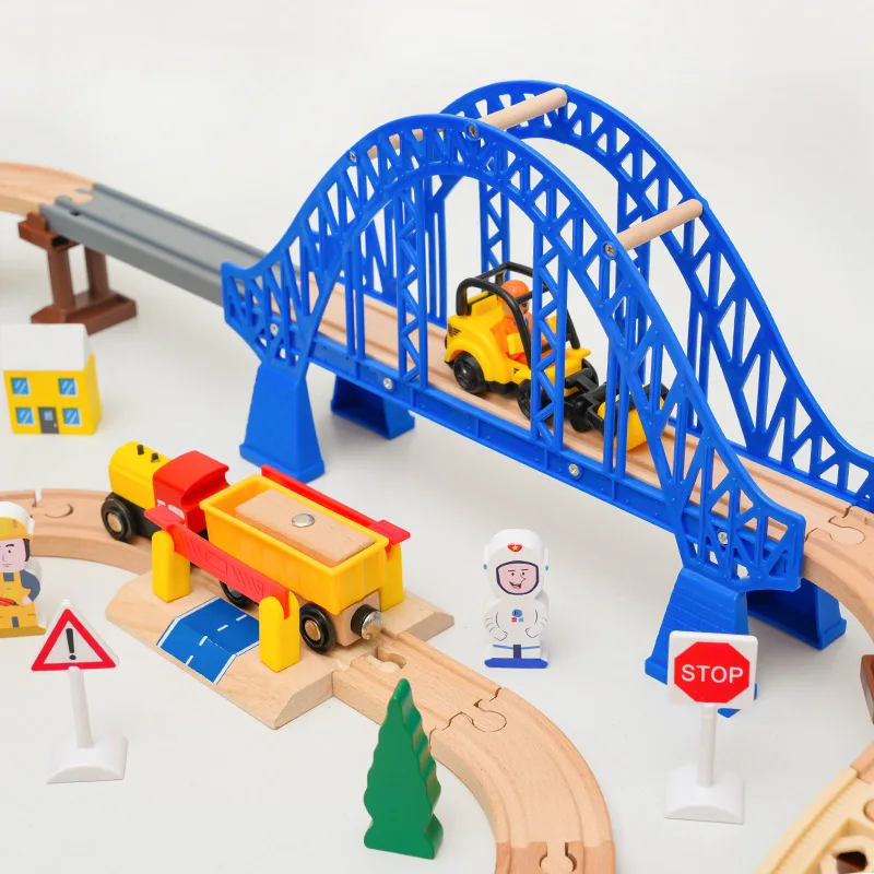 Wooden Train Rail City Blue Bridge Apron Scene Set Railway Electric Train Is Suitable For All Brands Of Wood Rail Toys Pd68