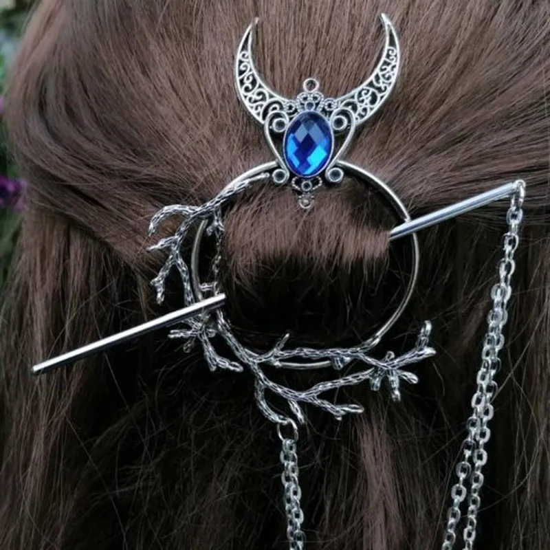 Unique Witch Crescent Moon Hair Stick Viking Branch Rhinestone Chic Point Vintage Girl  Accessories Jewelry 2022 Chopsticks