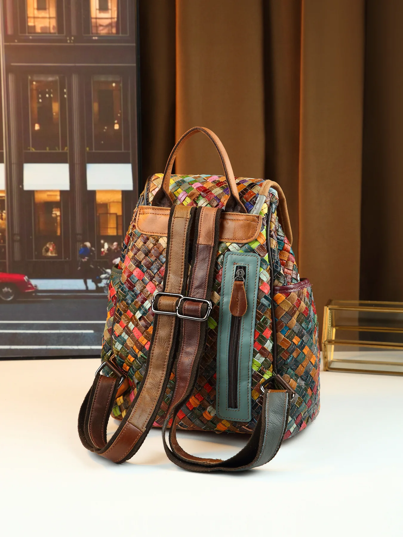 Women Colorful Woven Cow Leather Travel Backpack Multi-Color Braided Genuine Leather Rucksack Casual Shouder Bag 2026 New