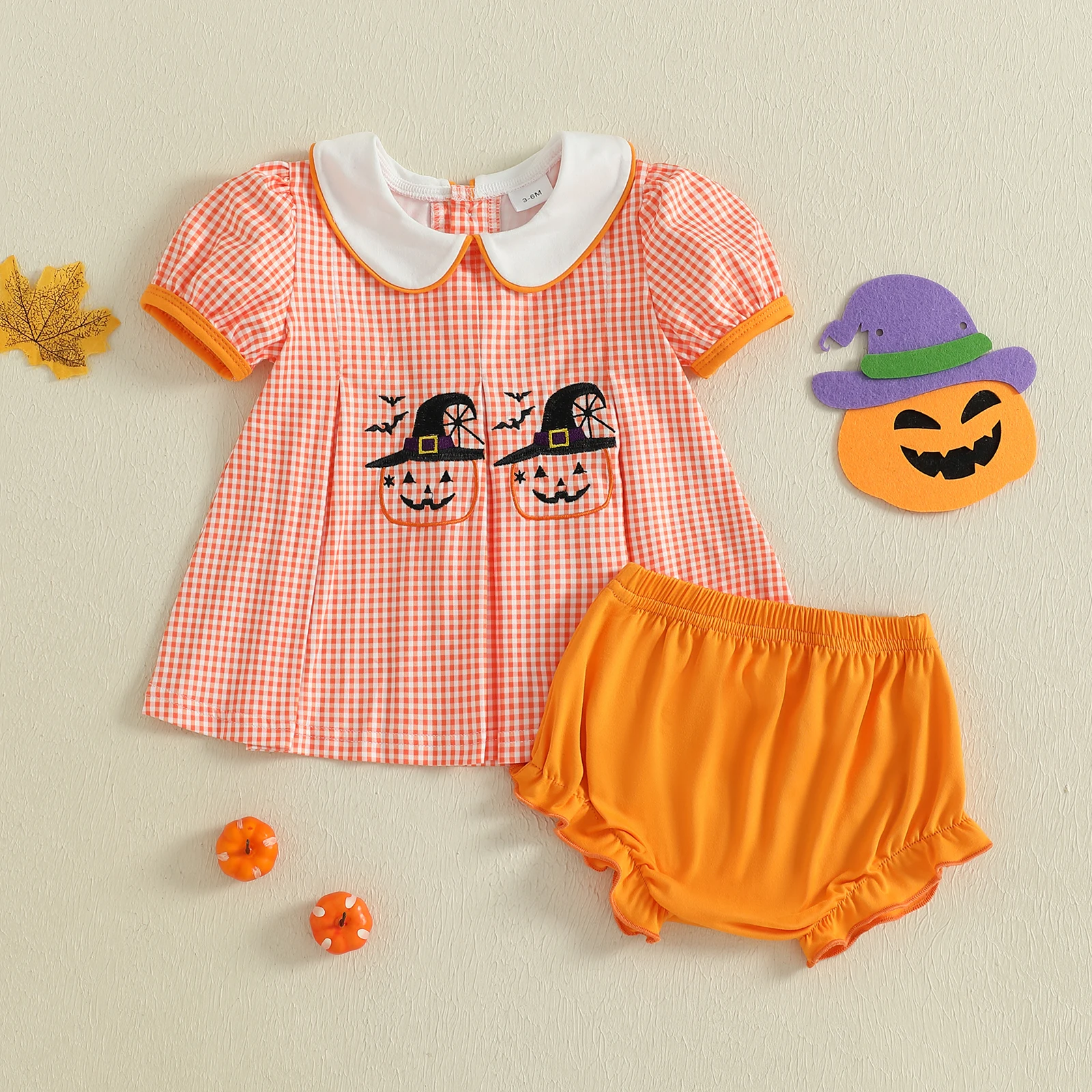 

VISgogo 0-18 Months Baby Girls Shorts Set Short Sleeve Plaid Embroidery Pumpkin T-shirt with Shorts Halloween Clothes