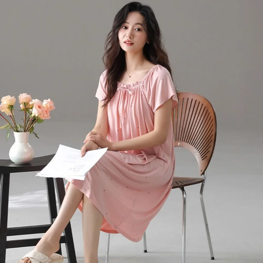 Casual Modal Women's Pajama Dress Loose Home Wear Dot Ruffle Nightdress Sleepwear Short Sleeve Lace Up Nightgown Girls