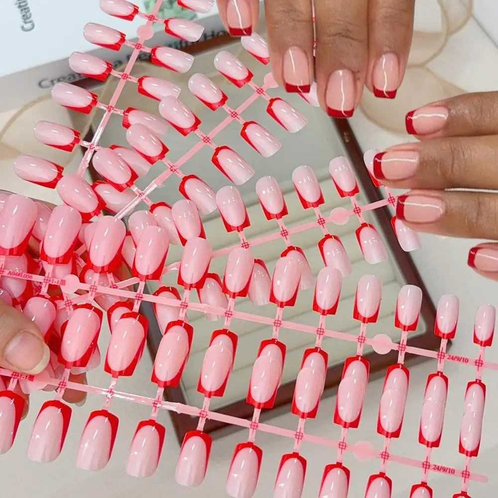 

120Pcs/Bag Glossy Red Classic French Tip Fake Nails 12Sizes Medium Square Press On Nail Full Cover Wearable False Fingertips td