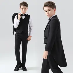 Boys (Blazer+Vest+Pants) 3 Piece Classic Black Suit Kids Fashion Slim Fit Peak Lapel Formal Tailcoat Child Elegant Wedding Suit