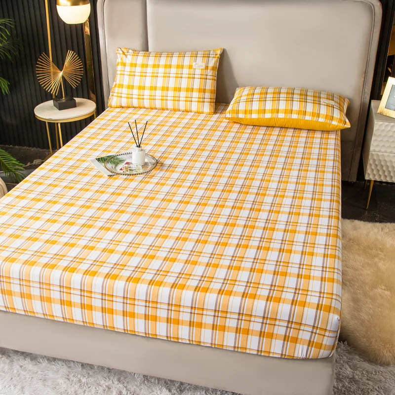 Yellow Grid Fitted Sheet Set Checkered Pattern Mattress Cover Sheet Four Corners with Elastic Band Sheet Bedspreads Home Decor