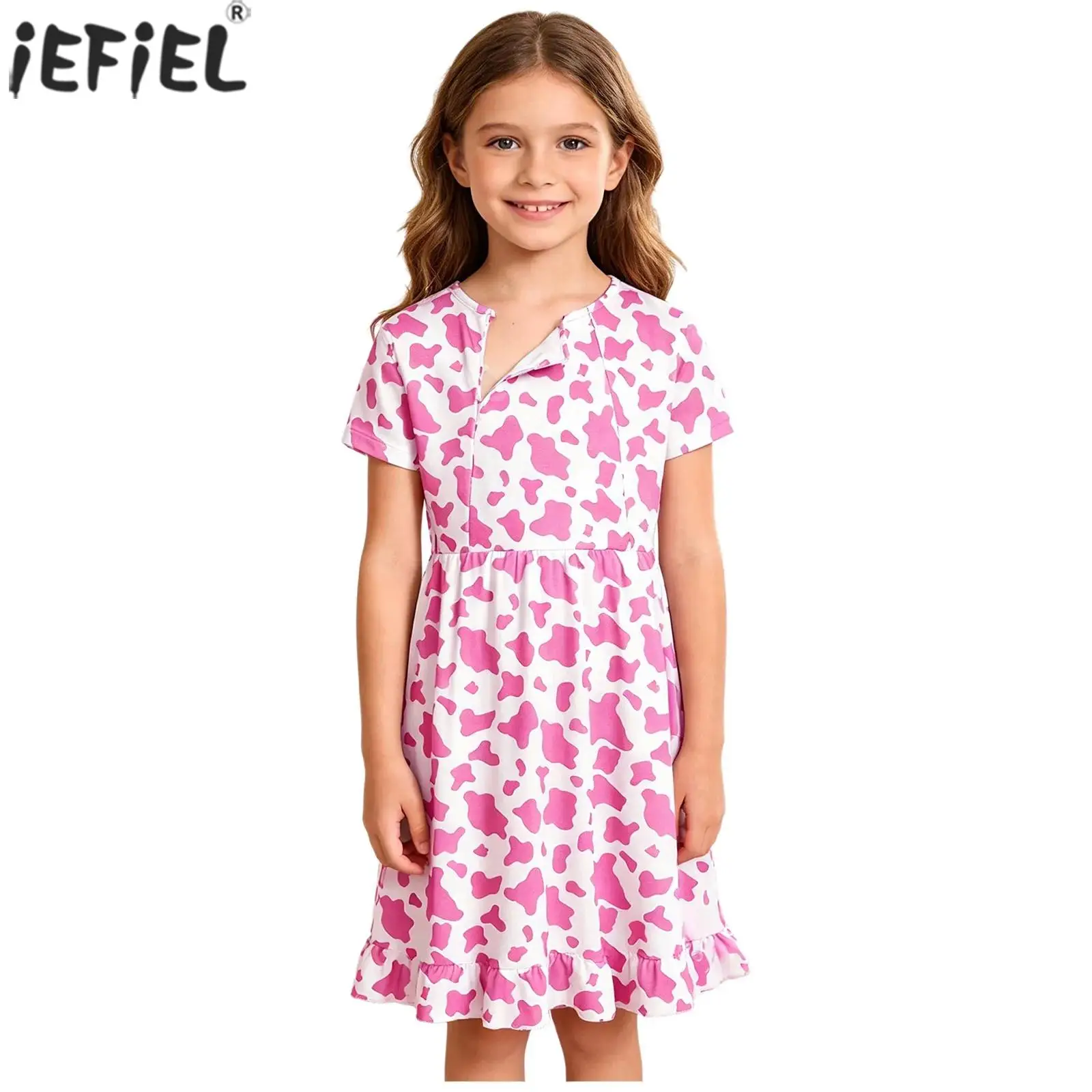 Kids Girls Cute Printed Ruffle Dress Short Sleeve Zipper Chest Treatment Dress Special Needs Patient Nursing Gown Casual Wear