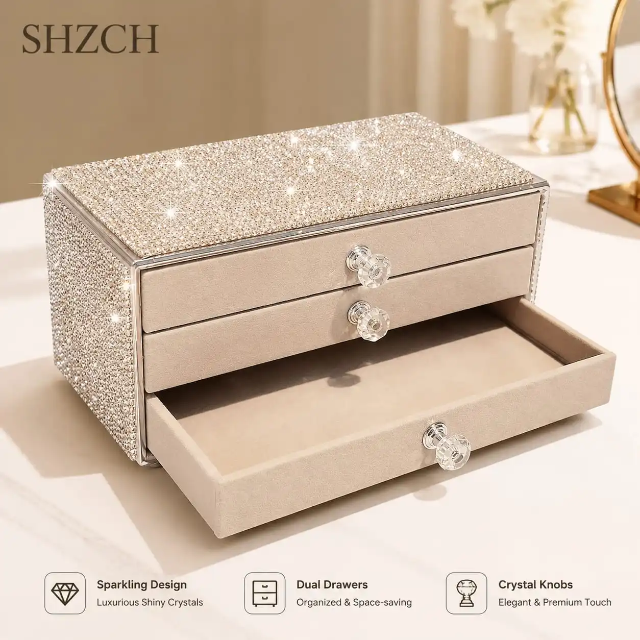 Rhinestone-Embellished Multi-Layer Drawer Jewelry Organizer - Large Capacity for Necklaces, Earrings, Rings & Bracelets