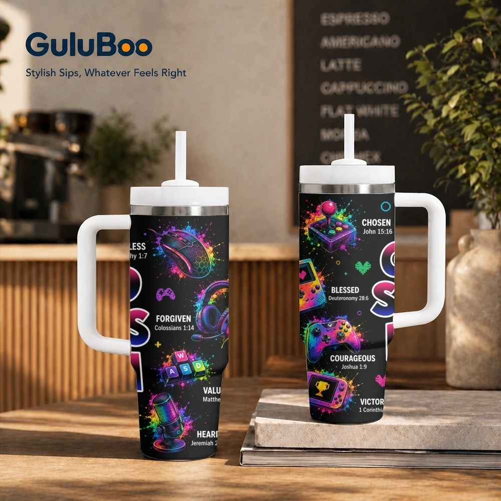 GOD Says I AM Gamer God  Art Vacuum Flasks 40oz Stainless Steel Insulated Tumbler With Handle & Straw Leakproof Travel Mug