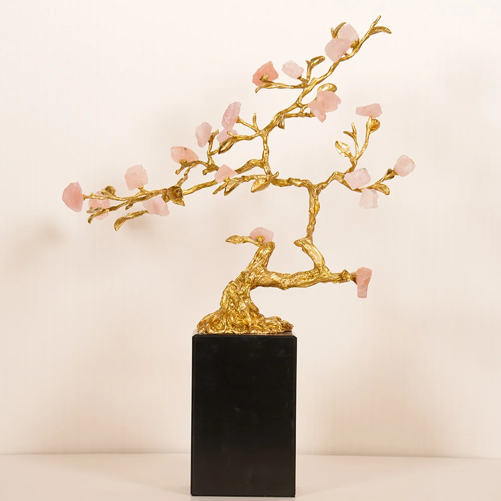 Elegant Light Luxury Brass Ornament Marble Base Crystal Branches Leaves Home Living Room TV Metal Crafts