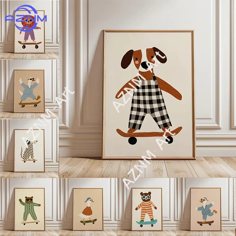 

1 шт. Забавный постер с животными на скейтборде: модная картина на холсте с гусем, уткой, собакой для декора детской комнаты и дома