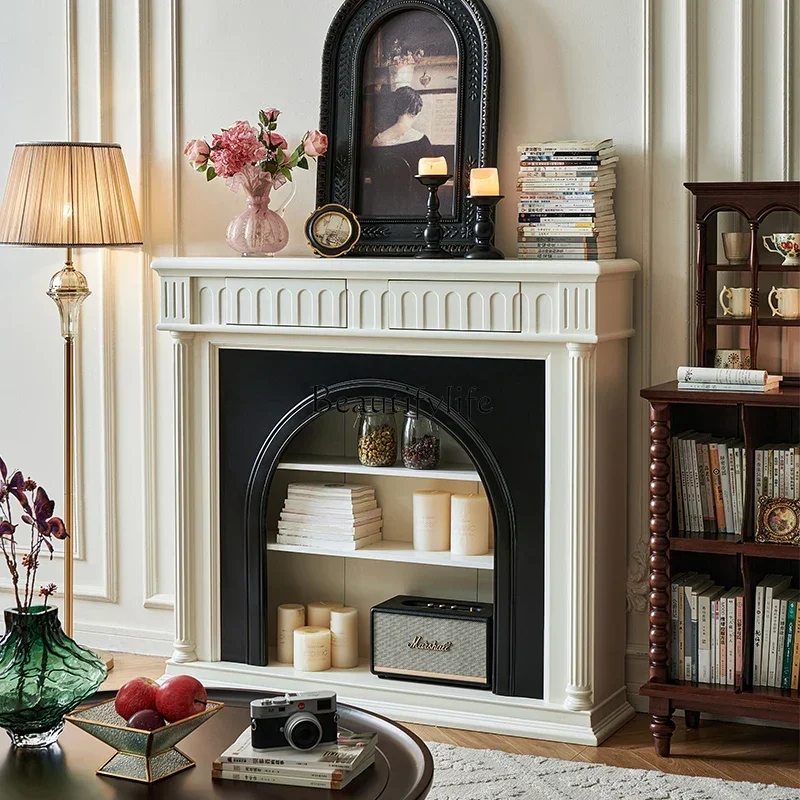 

French cream style white fireplace decorative cabinet all solid wood living room against the wall storage