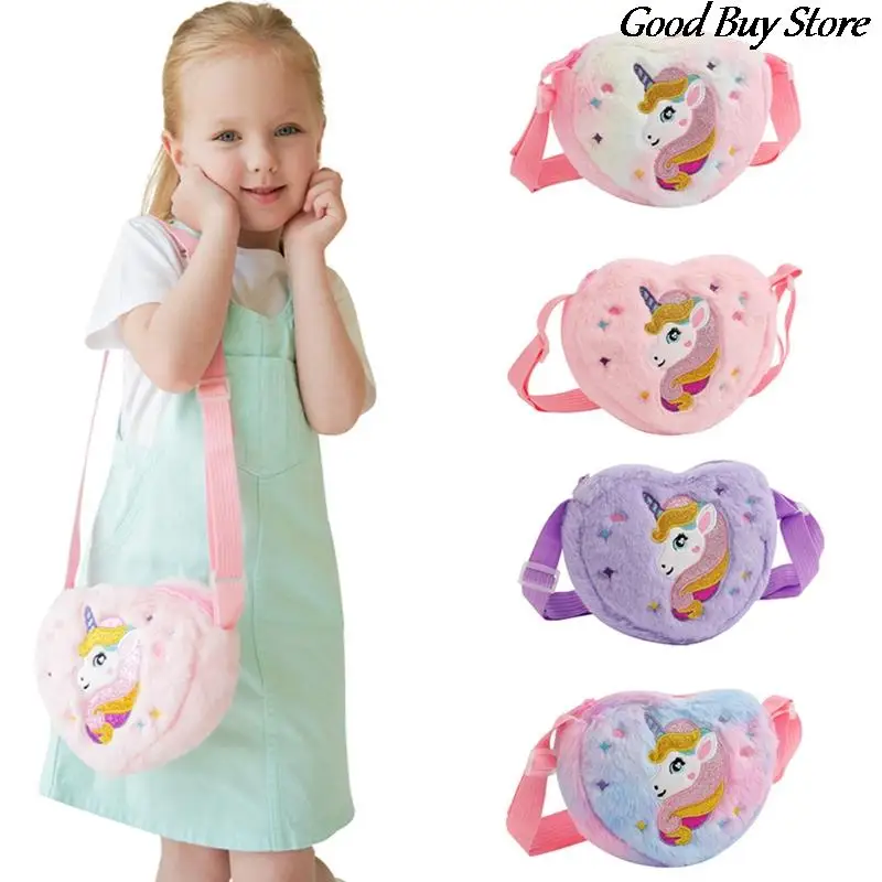 Heart Shaped Unicorn Handbags Children Plush Shoulder Purse Mini Soft Crossbody Bags Adjustable Belts Storage Bag Suede Totes