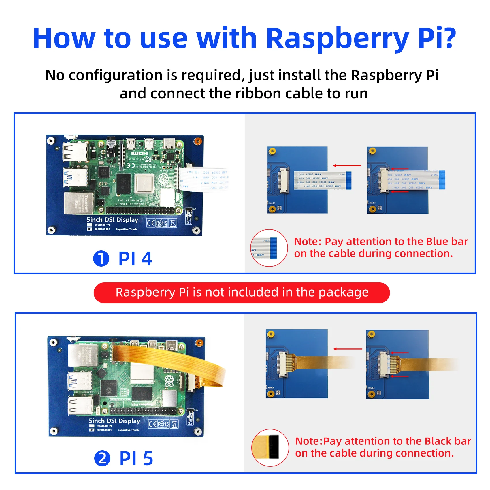 IUoYoMon 5 Inch 800x480 DSI IPS Display, Touchscreen Monitor for Raspberry Pi 5 4 B 3 B+ A+ Driver-Free