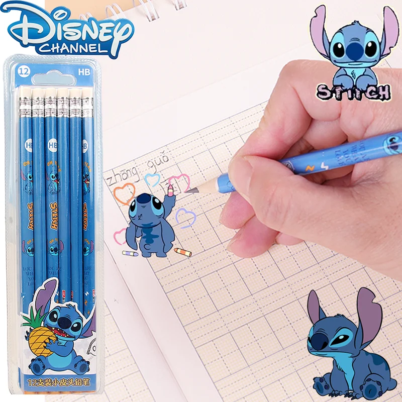 Disney-lápices de Stitch para estudiantes, 12 piezas, varilla redonda, bonitos bolígrafos escolares de dibujos animados para niñas y niños, suministros escolares de oficina