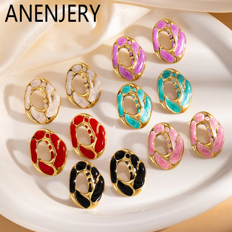 ANENJERY 316L Stainless Steel Hollow Irregular Round Stud Earrings For Women Temperament Luxury Niche Simple Jewelry Gift