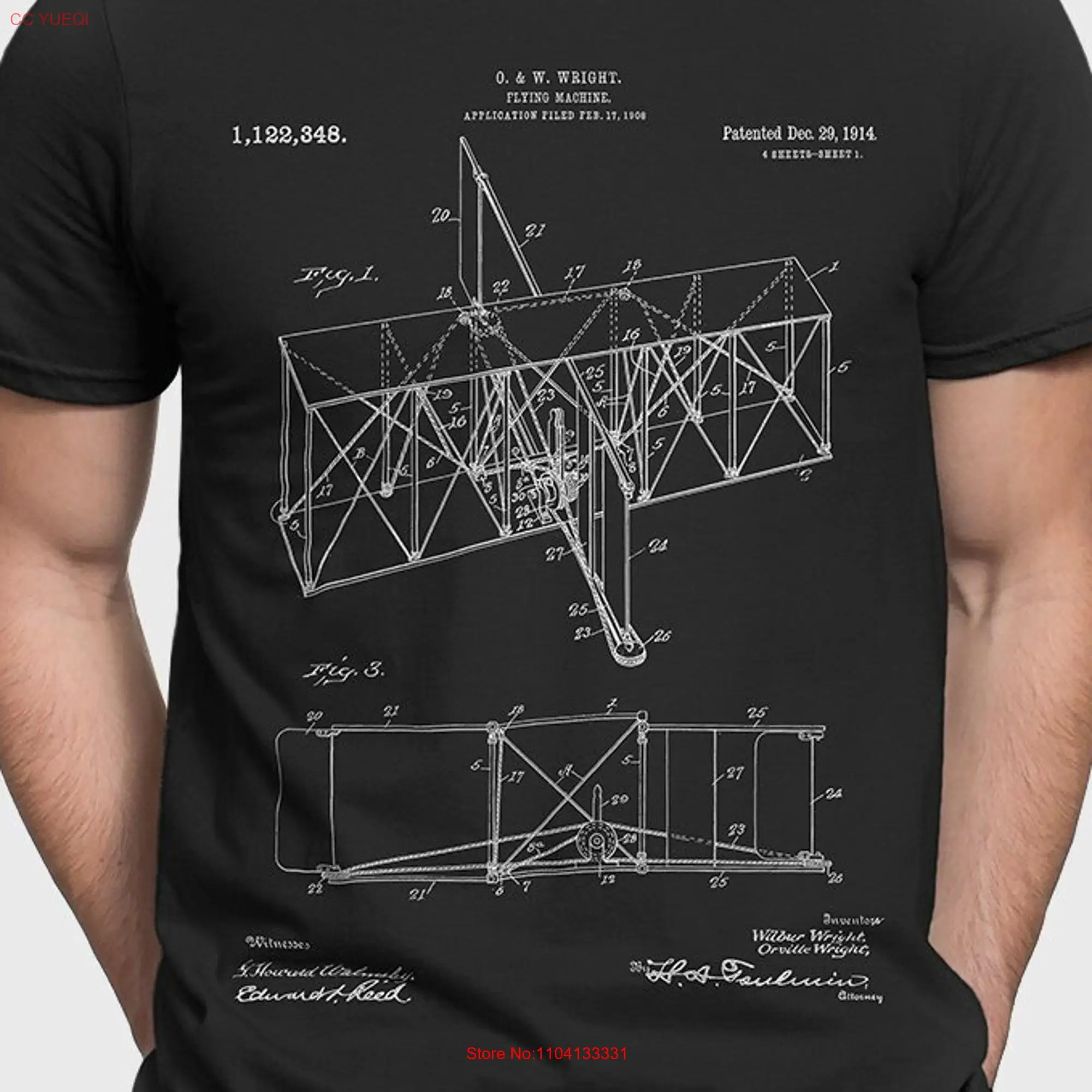 Wright Brothers Airplane Patent T Shirt Aviation For Fan Plane Pilot Aerospace Engineer P163 long or short sleeves