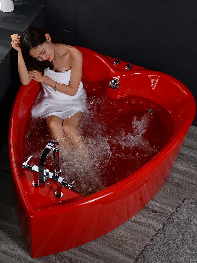 Heart shaped red twin bathtub, household bubble surfing massage bathtub, adult couple fan shaped