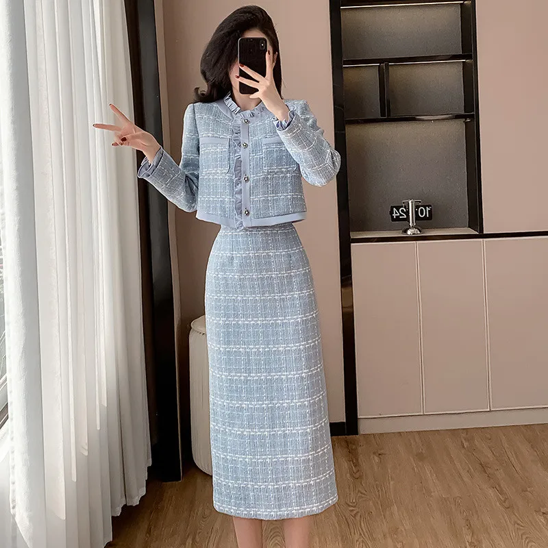 ピンクのツイードスーツジャケットとハーフレングスのスカート,2ピース,気質セット,小さなフレグランススタイル,秋冬,2022