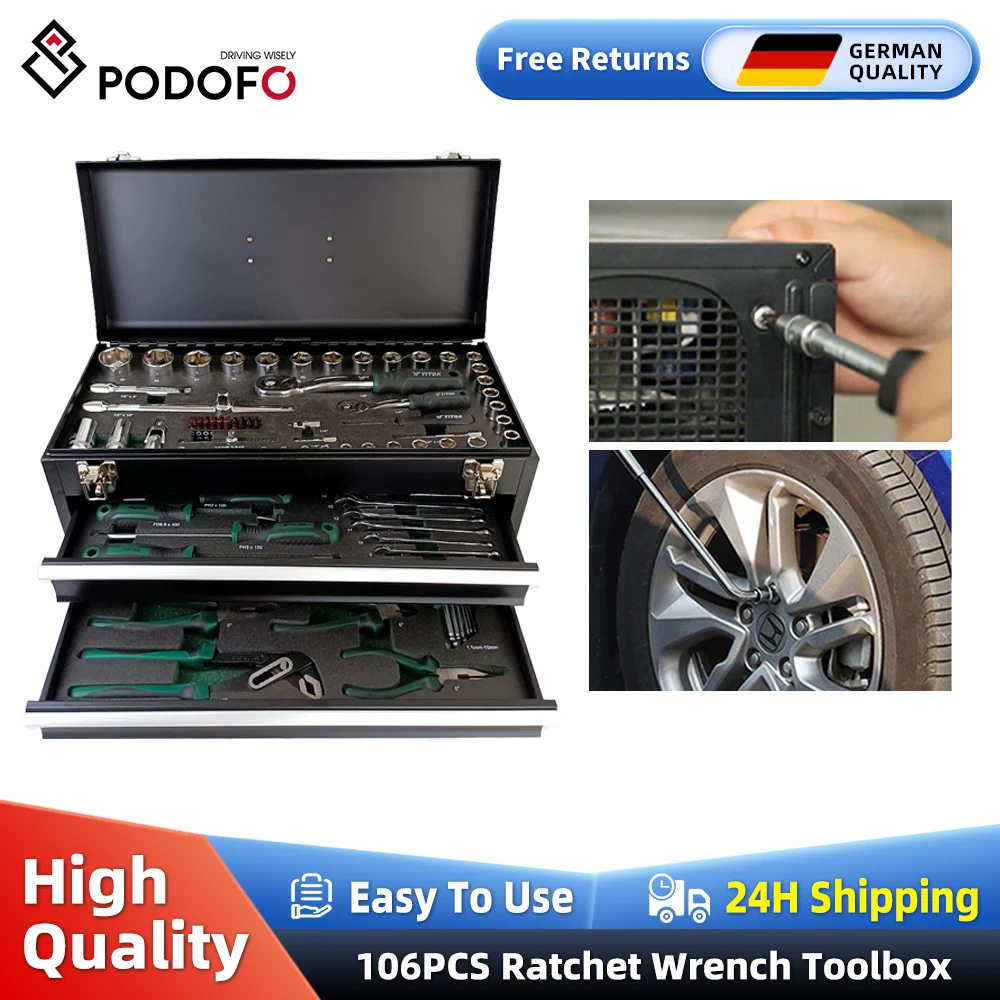 Climair Podofo Metal Box with Tools 106 Pieces Fixed with 3 Drawers Includes