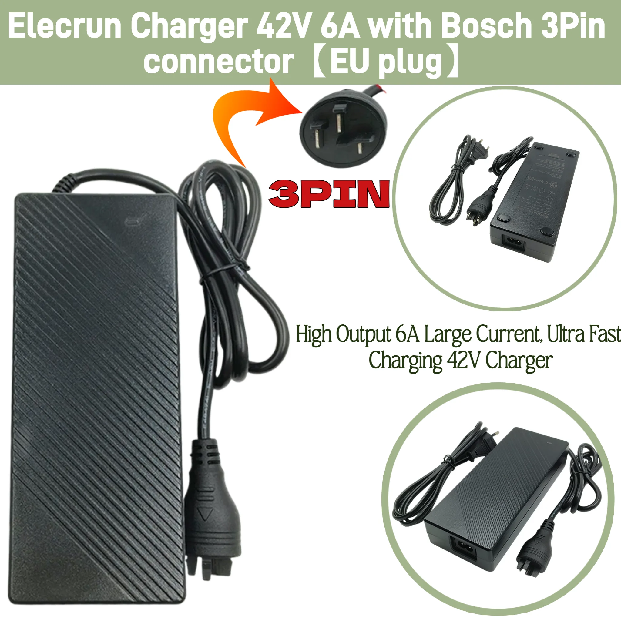 

Elecrun 42V 6A Ebike Charger 3 PIN Compatible with 36V Bosch Active/Performance Line E-Bike Battery Charging For E-Bike