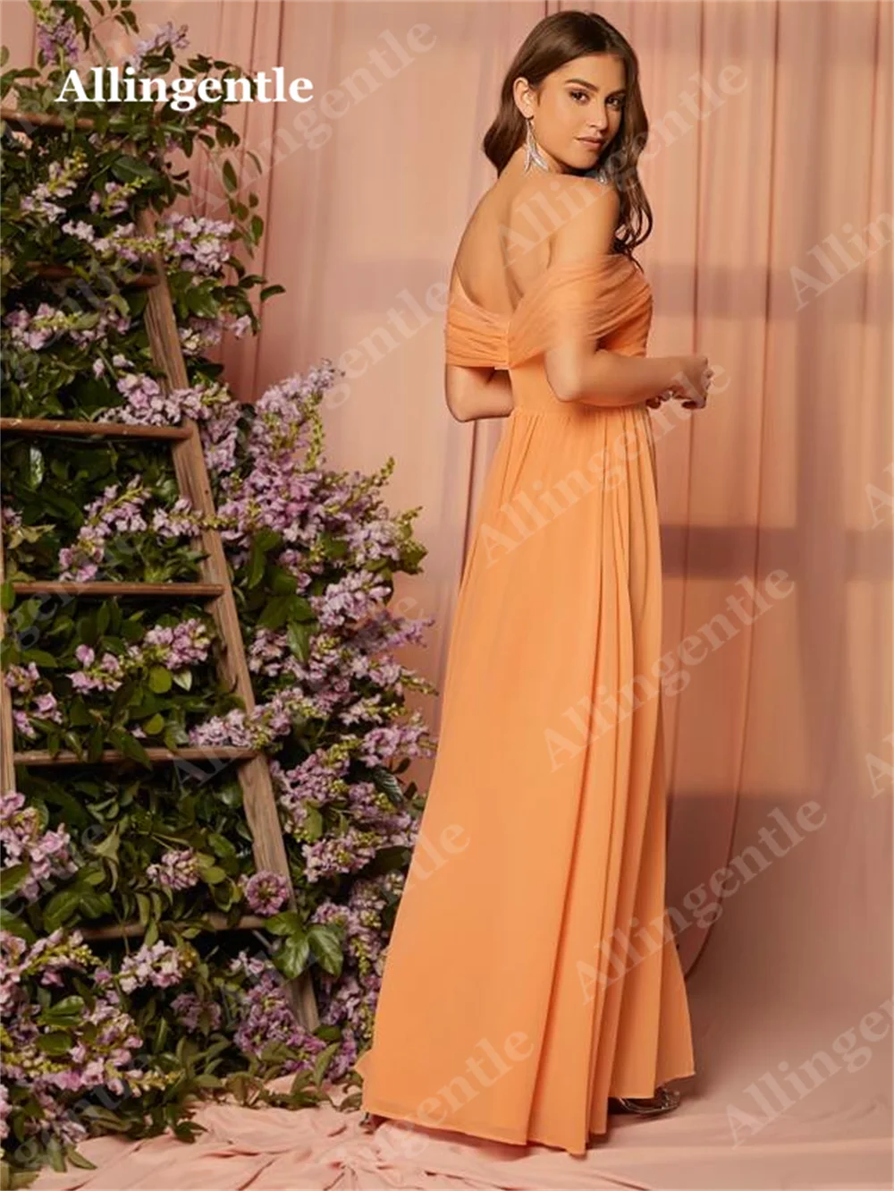 Allingentle-vestido de dama de honor naranja con hombros descubiertos, vestido fruncido con abertura lateral hasta el muslo, línea A, gasa, noche, graduación, fiesta, largo hasta el suelo