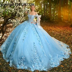 EVLAST Customized Blue Quinceanera Dress Ball Gown Lace Applique Beading Tie With Bow Corset Sweet 16 Vestidos De 15 Anos TQD749