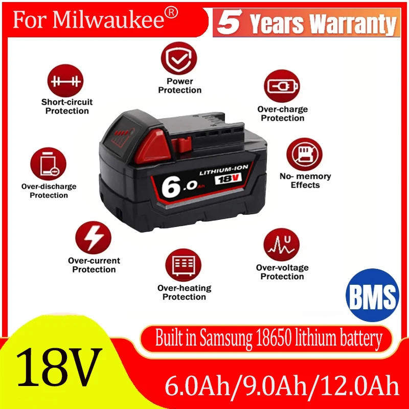 

For Milwaukee 18V 6.0Ah Apply To M18 48-11-1815 48-11-1850 2646-20 2642-21ct Replacement Lithium Battery