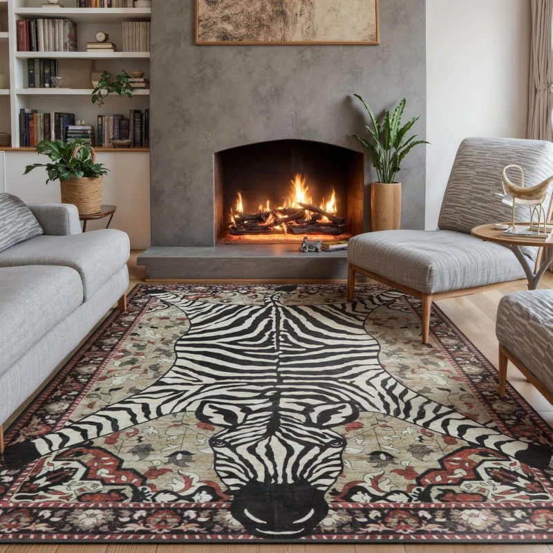 VIKAMA Retro Zebra Animal Print Area Rug Non Slip Washable Vintage Floor Carpet for Living Room Bedroom Home Decor
