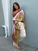 Women Off Shoulder Scarf Print Top Asymmetrical Hem Satin Fashion Blouse 2026 Summer Boho Elegant Vacation Casual Fashion Tops - Image 2