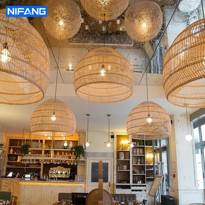 Vintage Rattan Cloche Pendant Lamp Hand Woven Chandelier Natural Fiber for Living Room Kitchen Island Cafe Home Decor