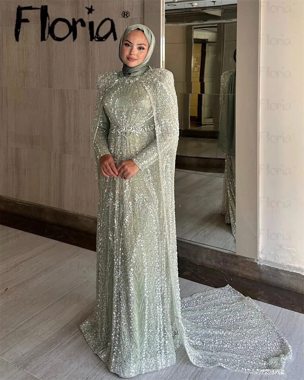 Couture Sage Green A-Line Prom Dresses With Glitter Beads Cloak Two Pieces Maxi Evening Gowns Formal Wedding Party Dress