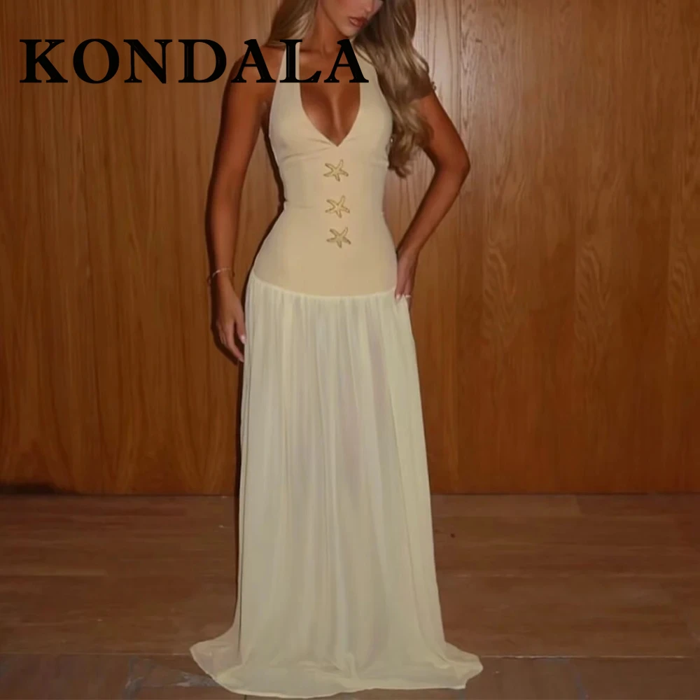 KONDALA 2025 الصلبة الأصفر المرقعة فستان طويل نجم البحر الديكور عارية الذراعين الرقبة شنت فستان مثير سستة القوس الإناث Vestidos