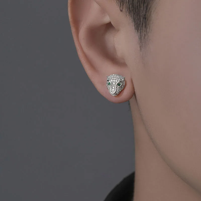 925 Silver Delicate Full Zircon Leopard Head With Green Eyes Stud Earrings Micro Paved  CZ Stone Classic Animal Earring Jewelry