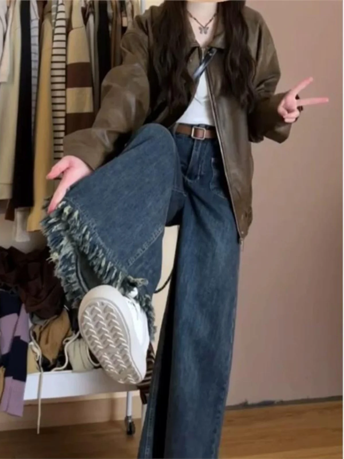 

Весенние новые широкие джинсы, женские джинсы с высокой талией, прямой крой, потертый подол, свободные джинсы для похудения груши