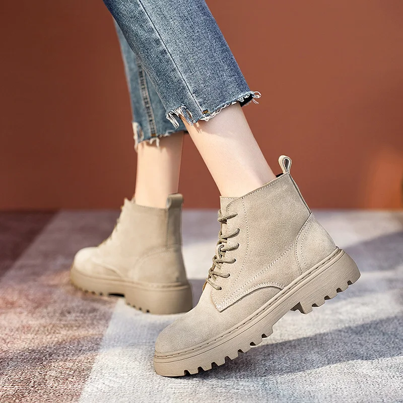 Lace-up Ladies Suede Leather Ankle Boots Black Platform Non-slip Short Boots Ladies Platform Motorcycle Snow Boots