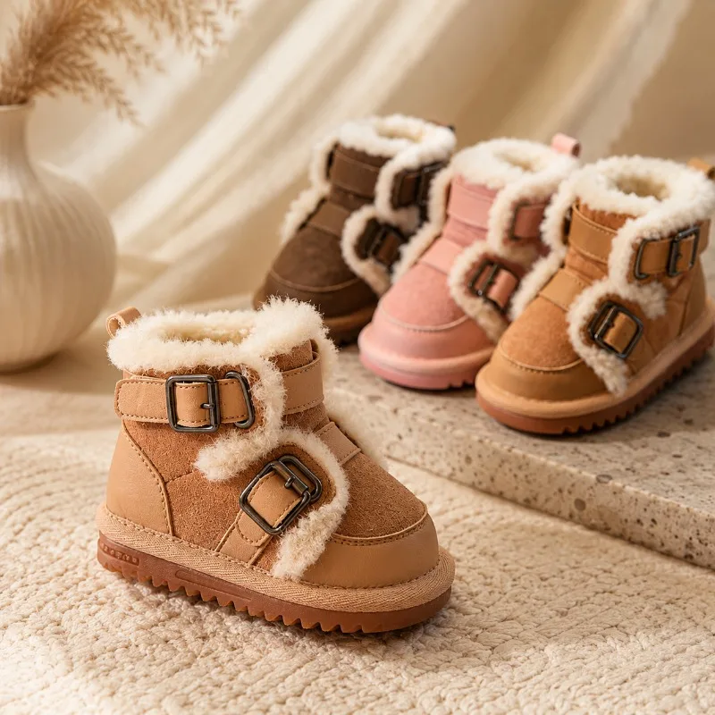 Toddler Kids Snow Boots Fleece Lined Non Slip Buckle Leather Winter Shoes EU21-30