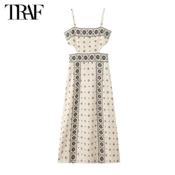 TRAF 2024 Print Slip Midi Dress Women Cut out Long Dresses for Woman Summer Backless Party Womens Dresses Sexy Boho Dress Woman