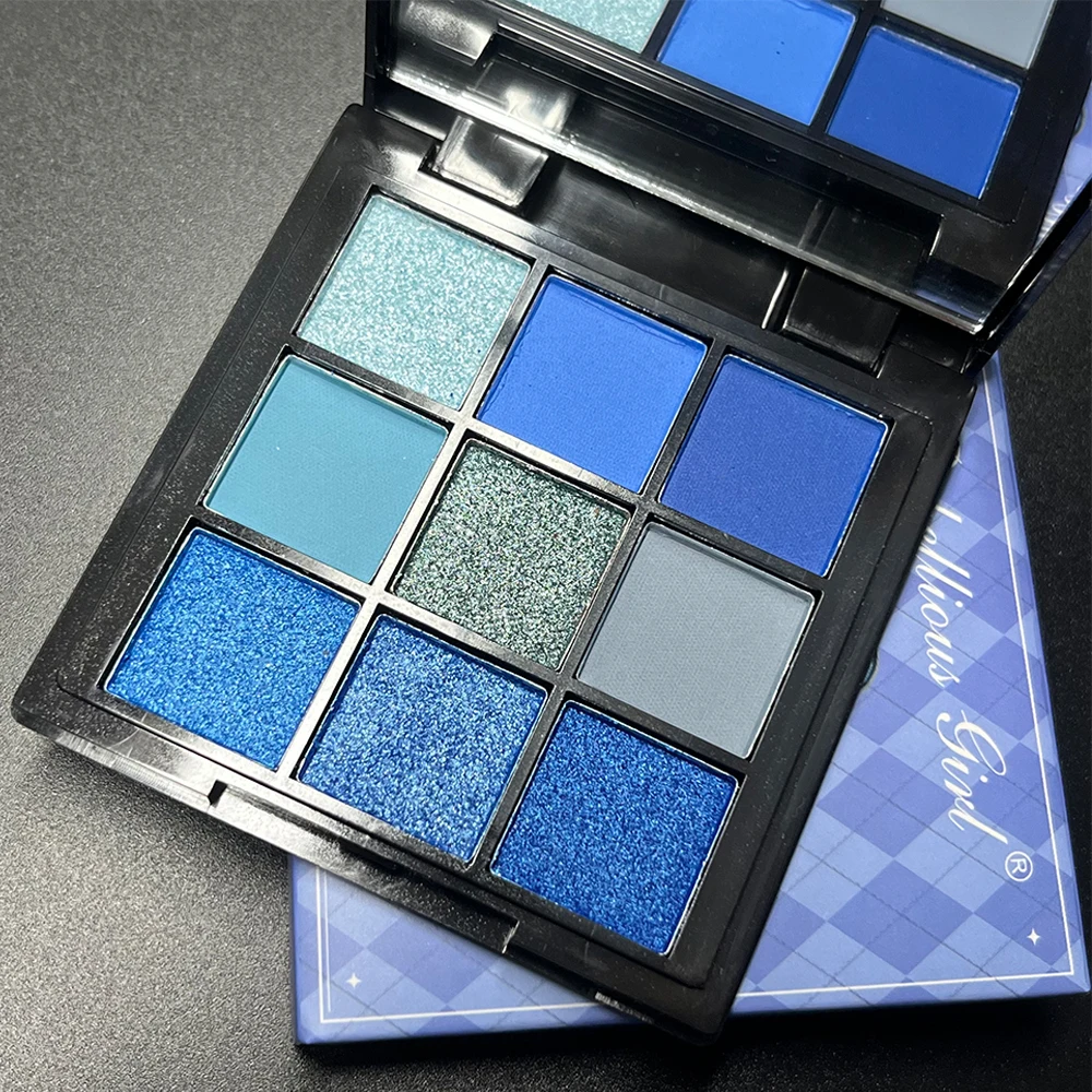Paleta de sombras de ojos de 9 colores – Colección Azul, acabados mate y brillantes, altamente pigmentada, lindo empaque con diseño de hipopótamo, textura sedosa