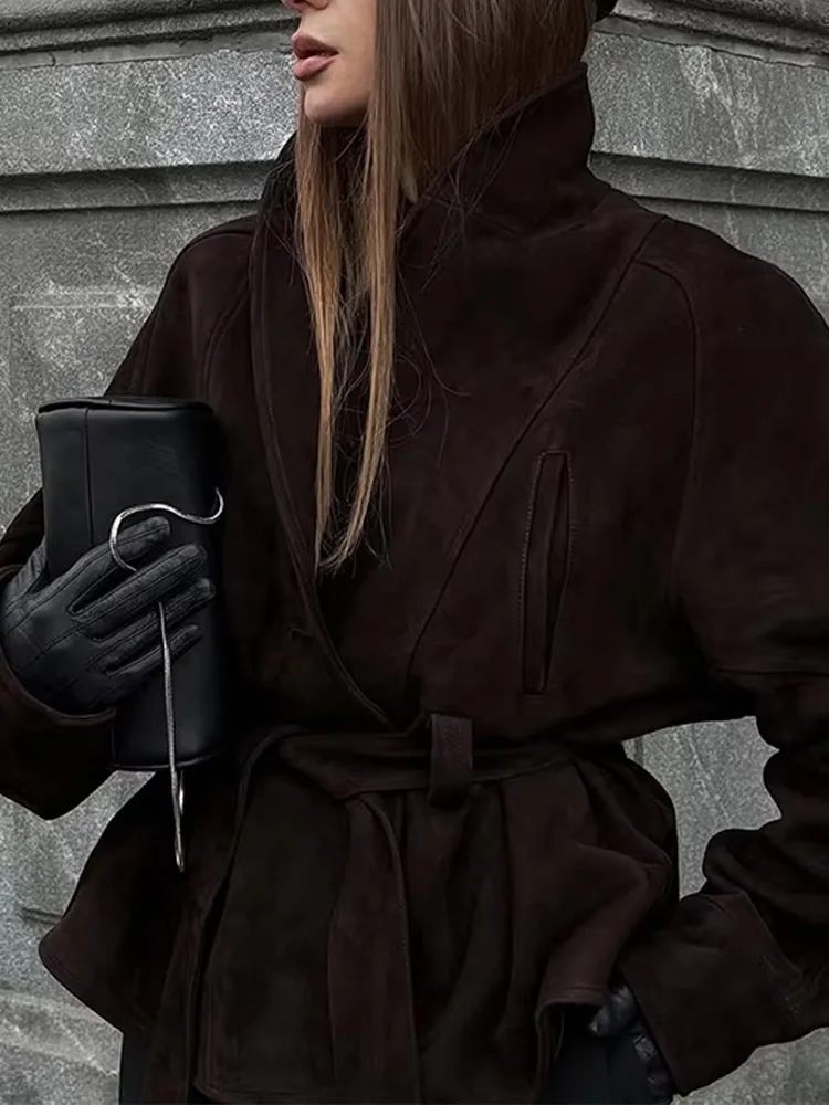 

HH женская осенняя однотонная куртка с лацканами и поясом с карманами и длинными рукавами, женская модная замшевая текстура, повседневные пальто High Street