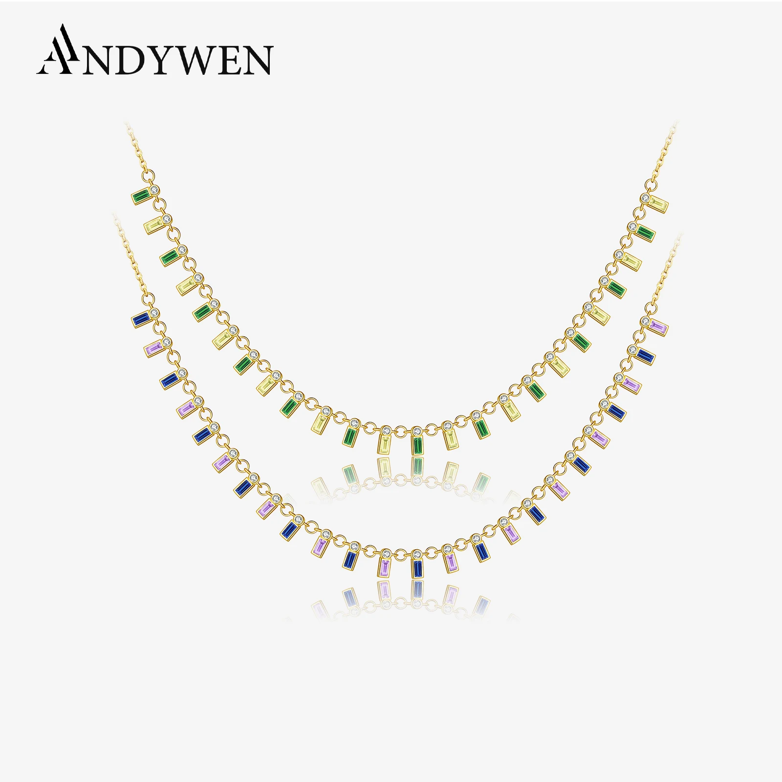 ANDYWEN 925 Sterling Silver Colorful Zircon Purple Blue Crystal Charm Chocker Necklace Long Chain Fashion Luxury Jewelry Gift