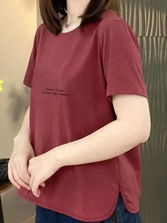 

New 2026 Women's Loose Fit Short Sleeve T-Shirt Casual Letter Print Slimming Mom Clothes Polyester Fiber round Neck Top