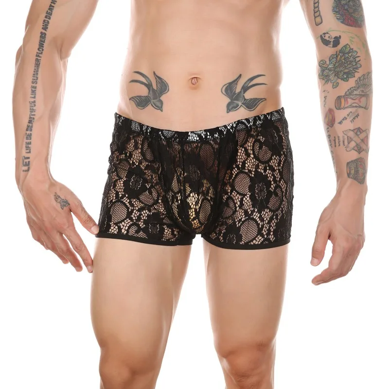 See Through Lace Underwear Man Bulge Pouch Underpants Transparent Panties Trunks Gay Sissy Long Boxer Briefs Breathable Shorts