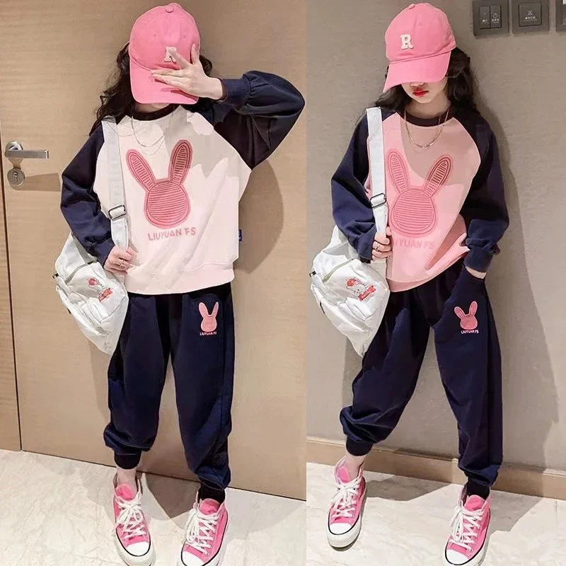 2024 Spring Autumn Girls Clothing Set Cartoon Rabbit Pattern Sports Top +Pants 2Pcs For 4-14Y Teen-agers Kids Casual Suit