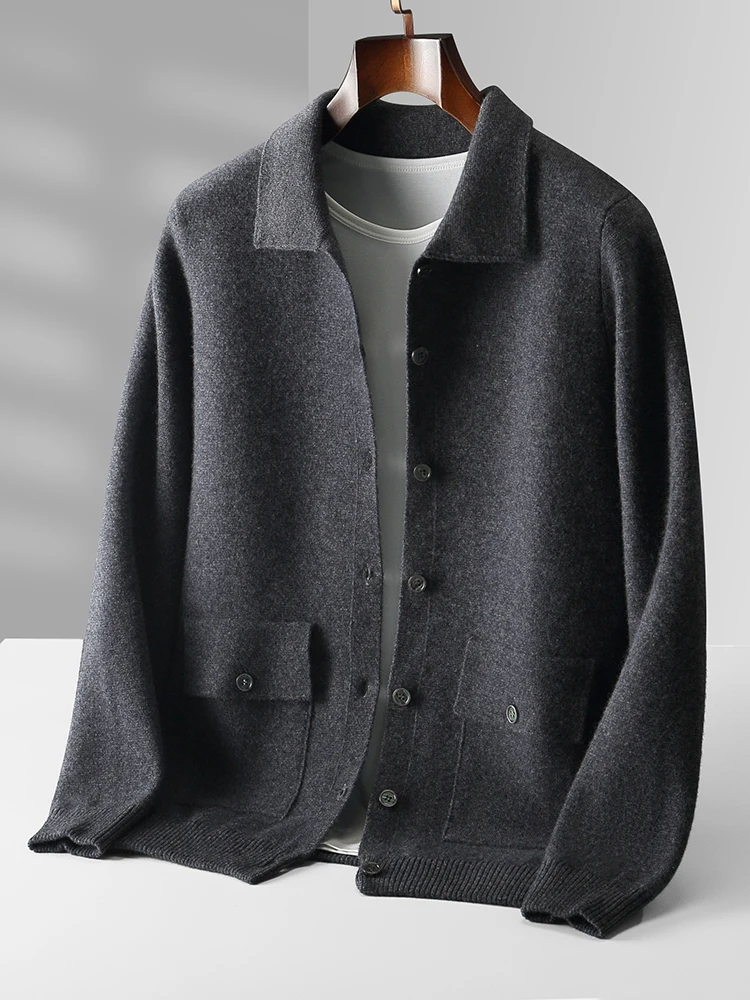 Herbst Winter Männer Wolle Pullover Mantel Lässig Dicke Warme Polo Strickjacke 100% Merino Wolle Strickwaren Mode Kaschmir Stricken Jacke Tops